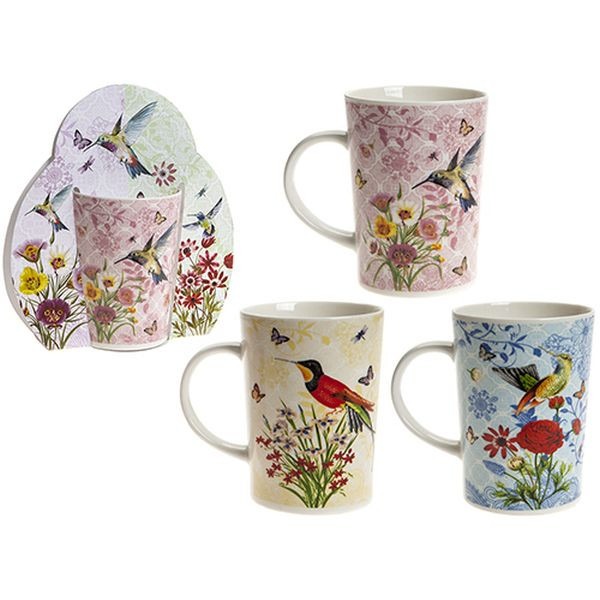 12x 3 Assorted Flowers With Bird Des Stone Ware Mug With Wraparound Sleeve