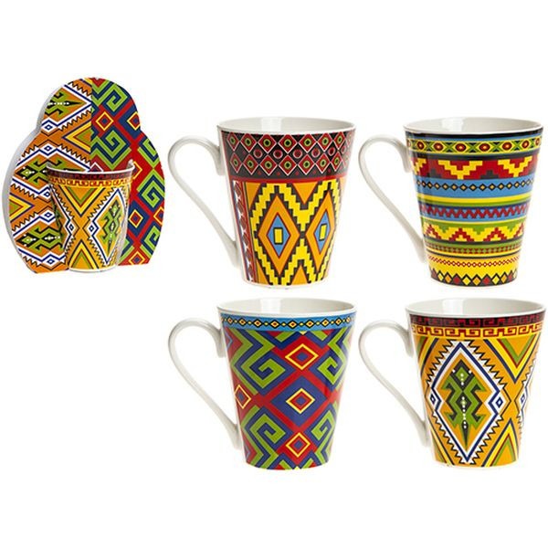 4 Assorted Aztec Range Design Stone Ware Mug With Wraparound Sleeve