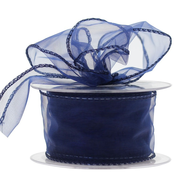 Navy Wired Chiffon Ribbon 50mm