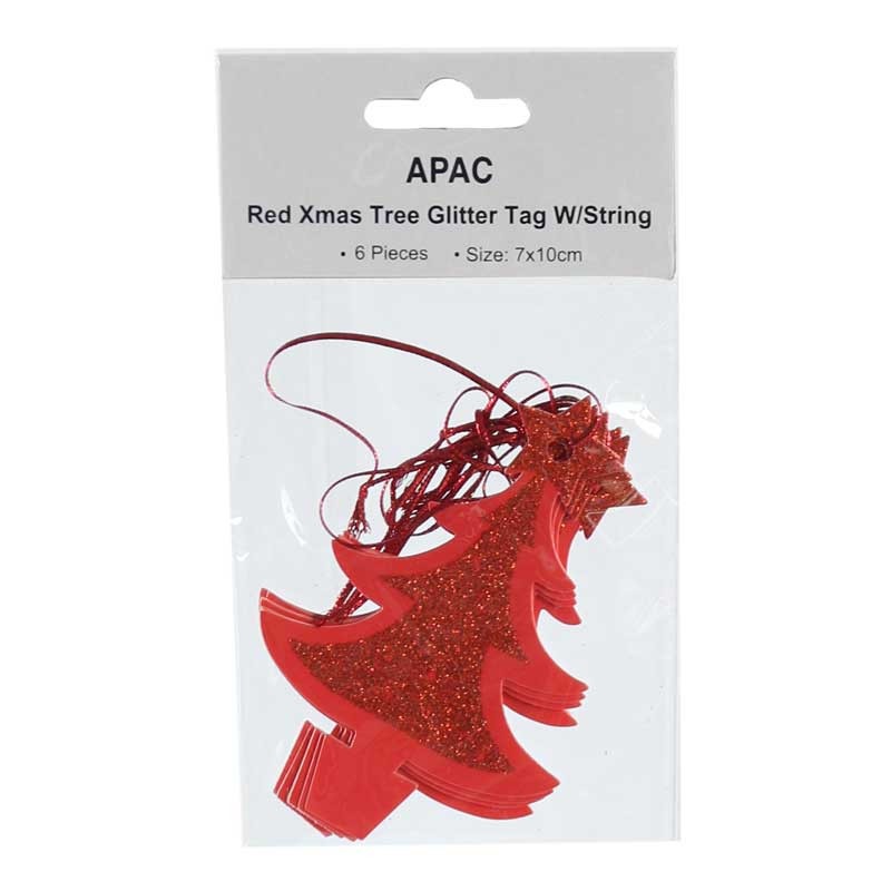 Red Xmas Tree Glitter Tags W/String (6 pk)