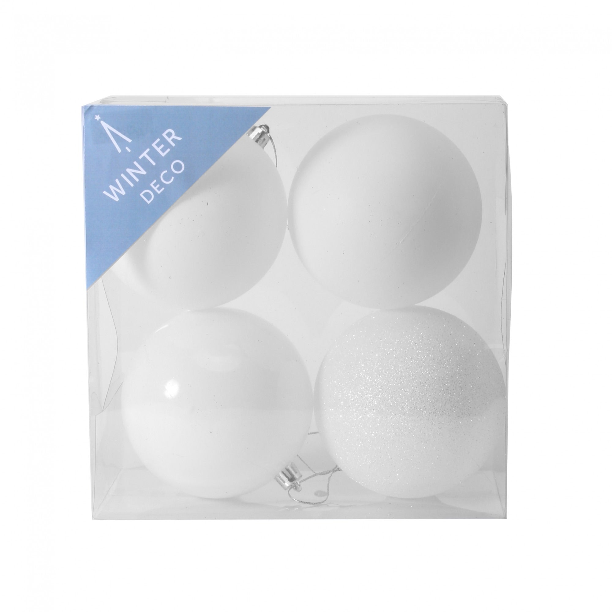 10cm White Shatterproof Baubles (x4)