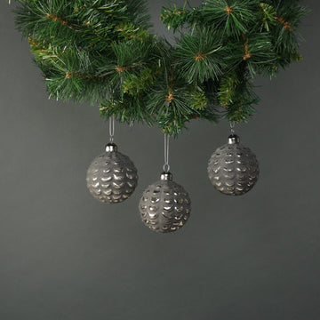 Naida 8cm Glass Acorn Bauble Pewter & Silver (Set of 4)