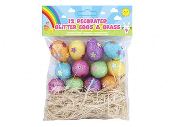 Decorated Glitter Eggs & Grass (12pcs)