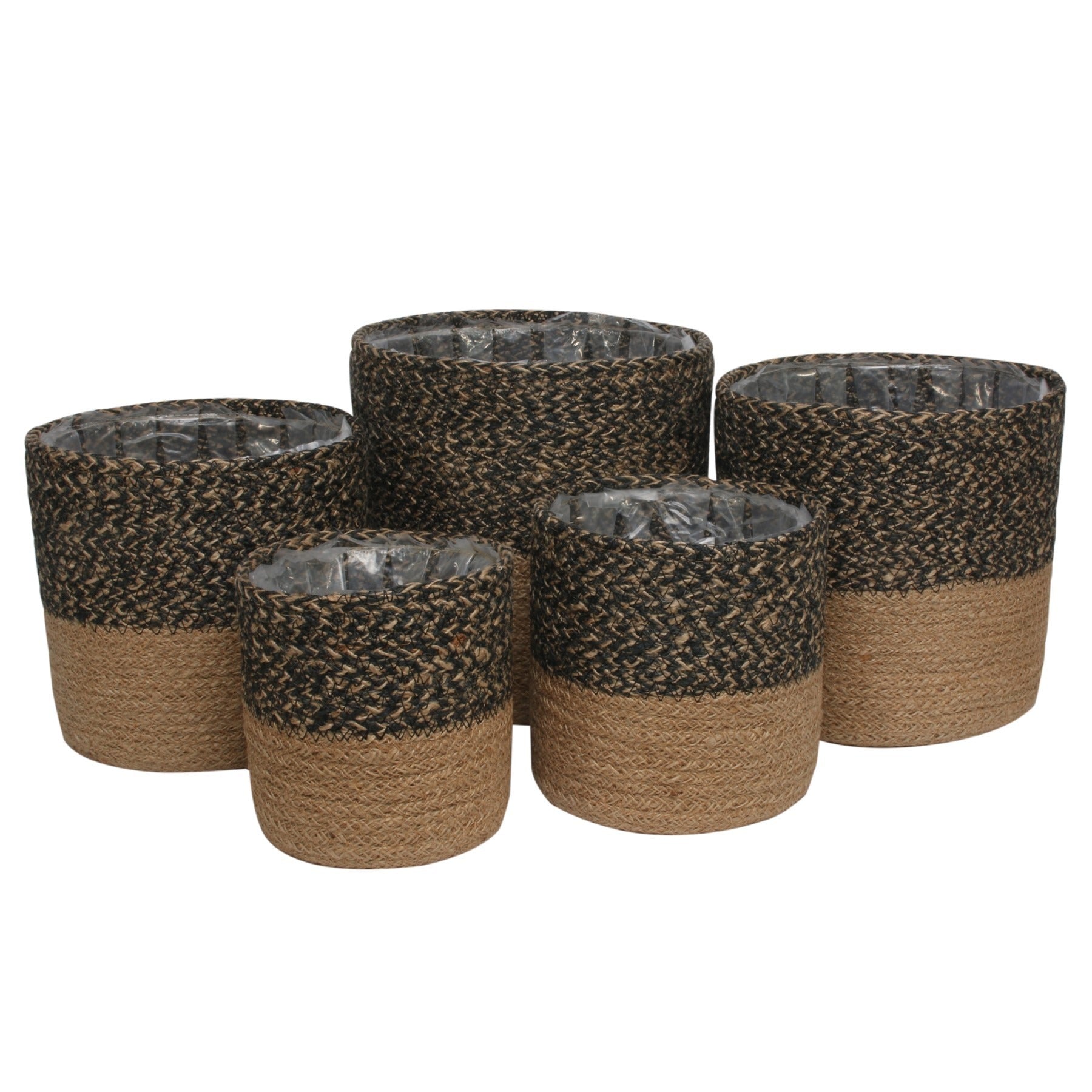 Set of 5 Two-Tone Black & Natural Jute Braided Rope Basket with Liner