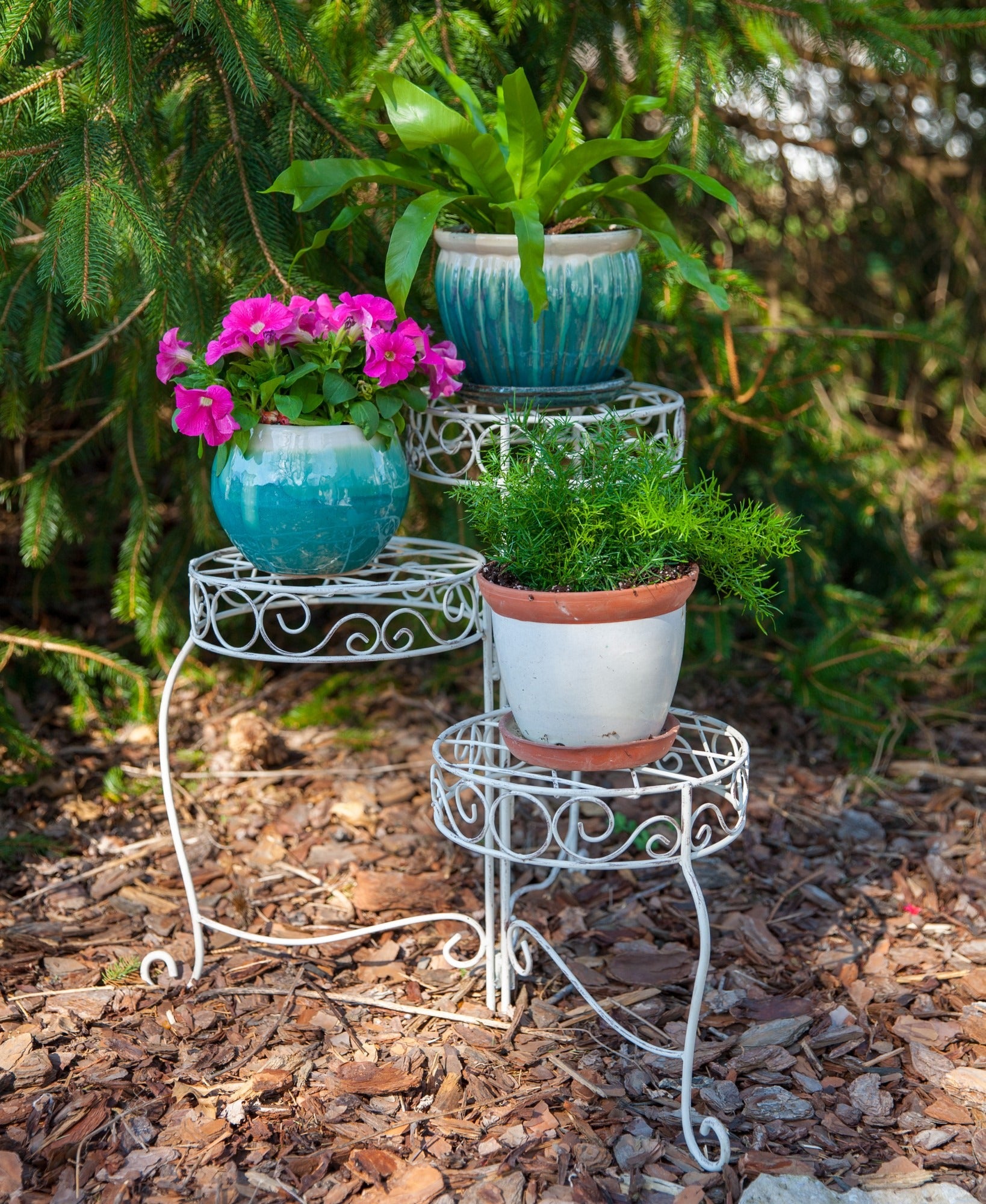 Distressed White French Country Scroll 3-Tier Plant Stand