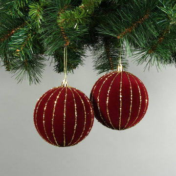 10cm Red Velvet Baubles with Glitter trim (Set of 4)