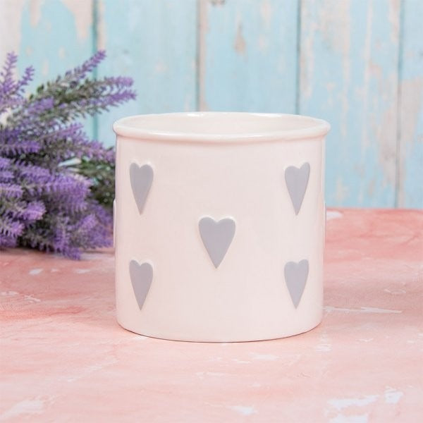 White and Grey Hearts Planter (14 x13cm)