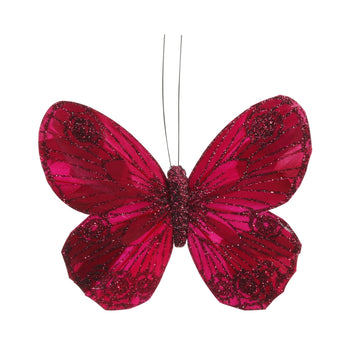 12cm Burgundy Feather &amp; Glitter Butterfly Clip (Pack of 12)