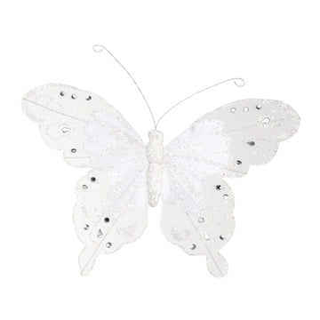 24cm White Fabric &amp; Glitter Butterfly (Pack of 6)