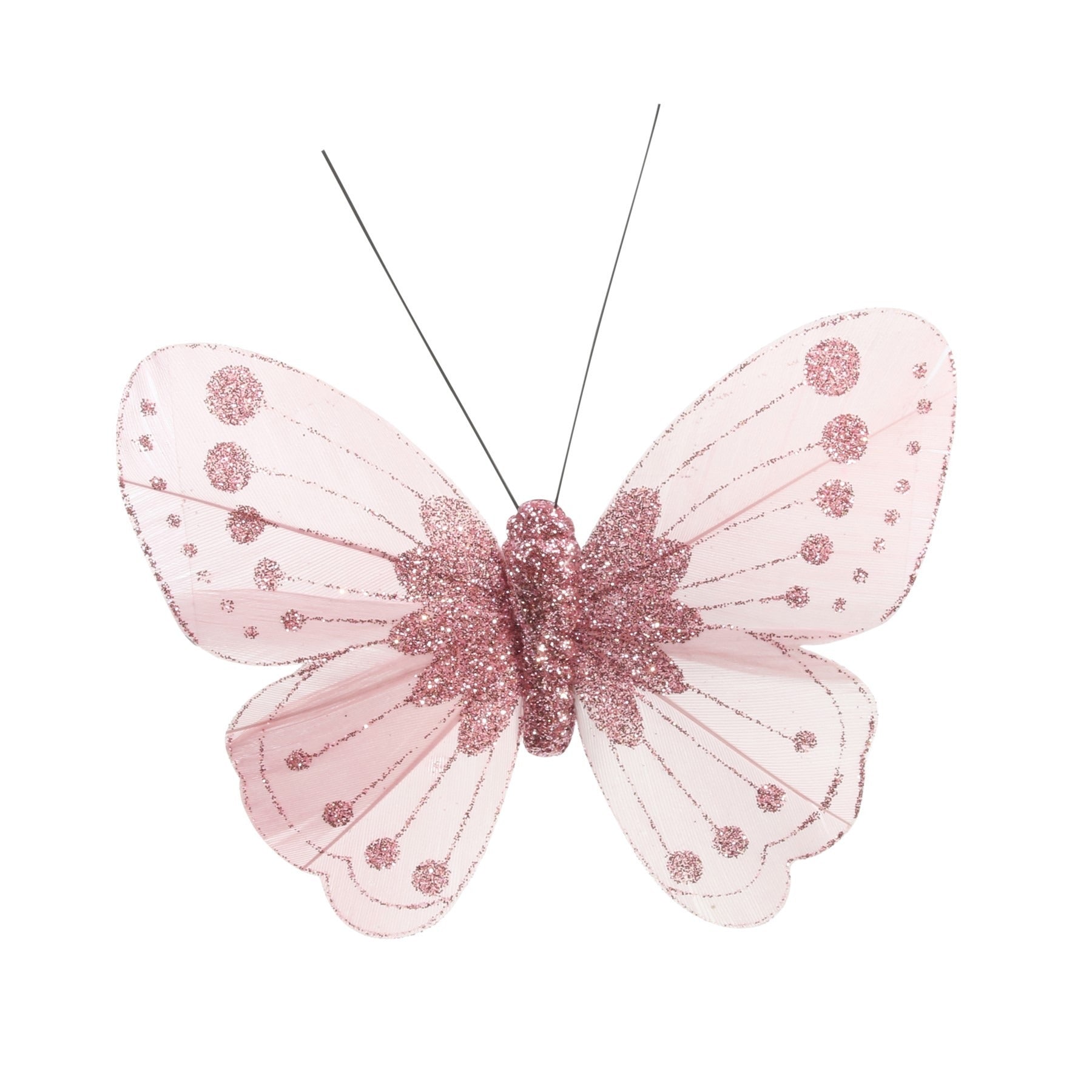 11.5cm Light Pink Feather &amp; Glitter Butterfly (Pack of 12)