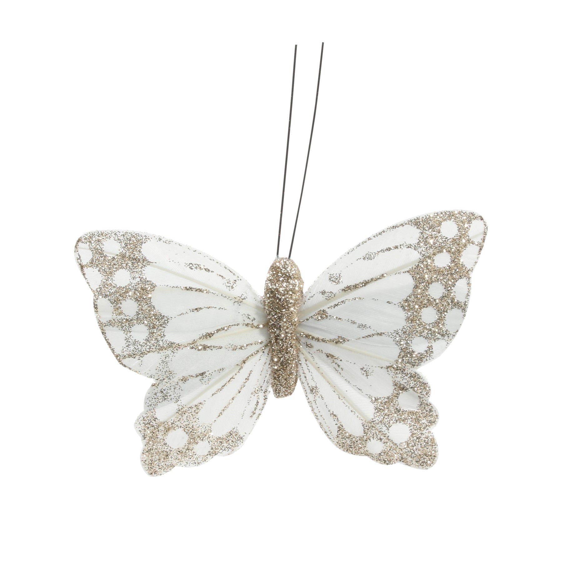 9cm Golden Ivory Feather &amp; Glitter Butterfly  (Pack of 12)