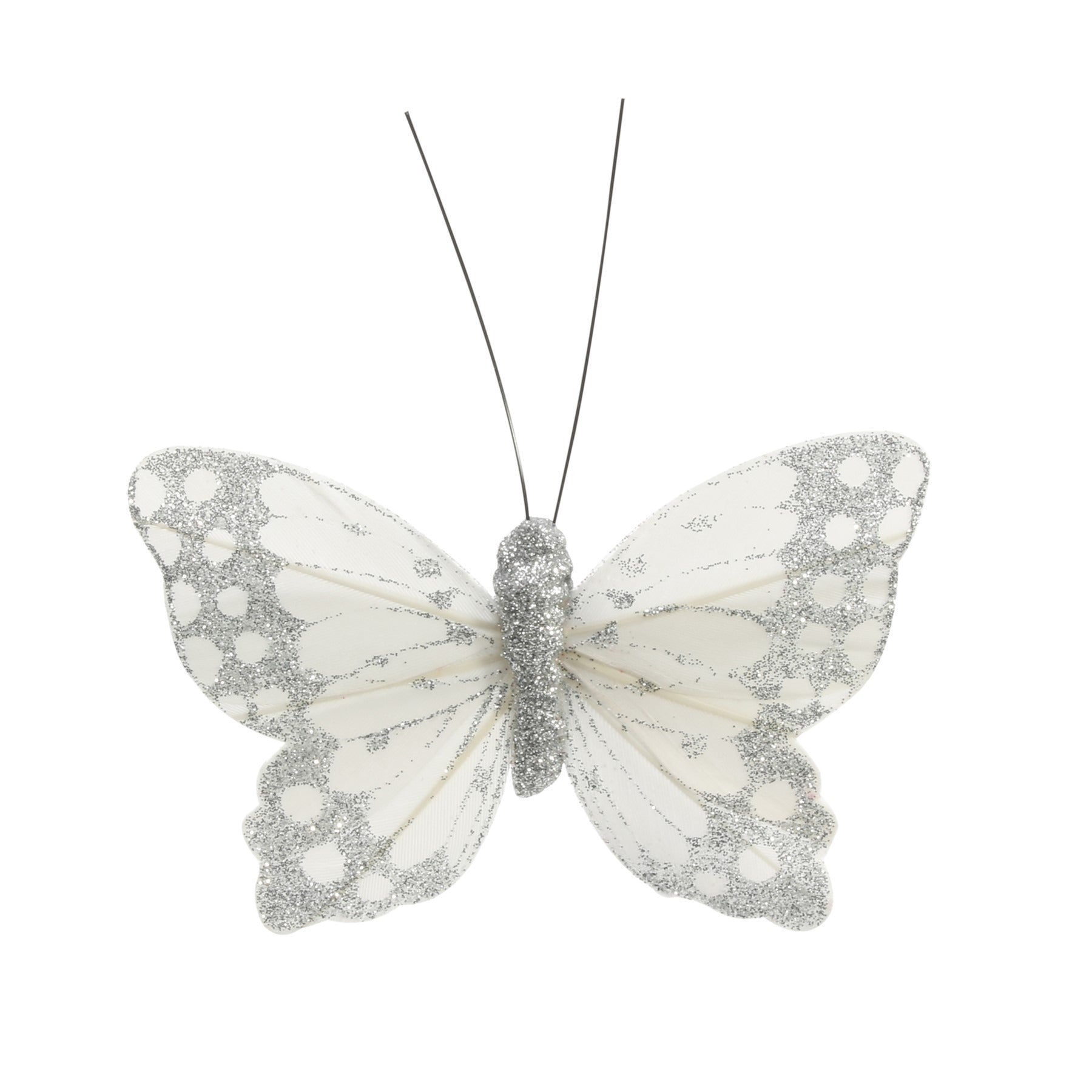 9cm Silver Ivory Feather &amp; Glitter Butterfly (Pack of 12)