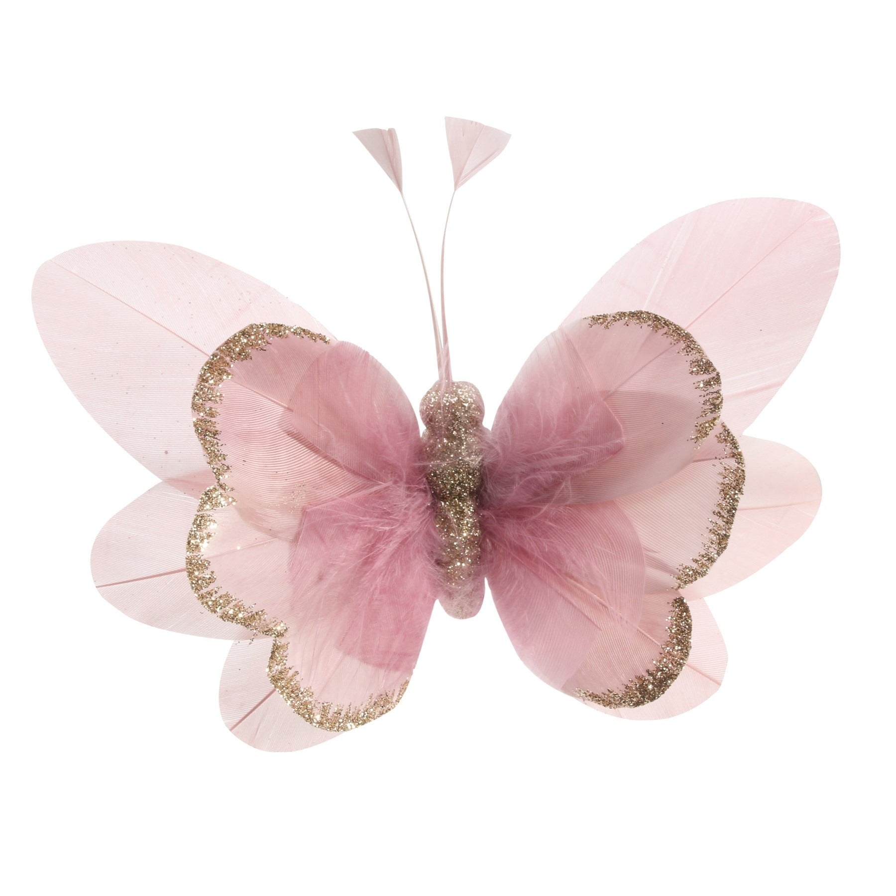 14cm Pink Feather &amp; Glitter Butterfly (Pack of 6)