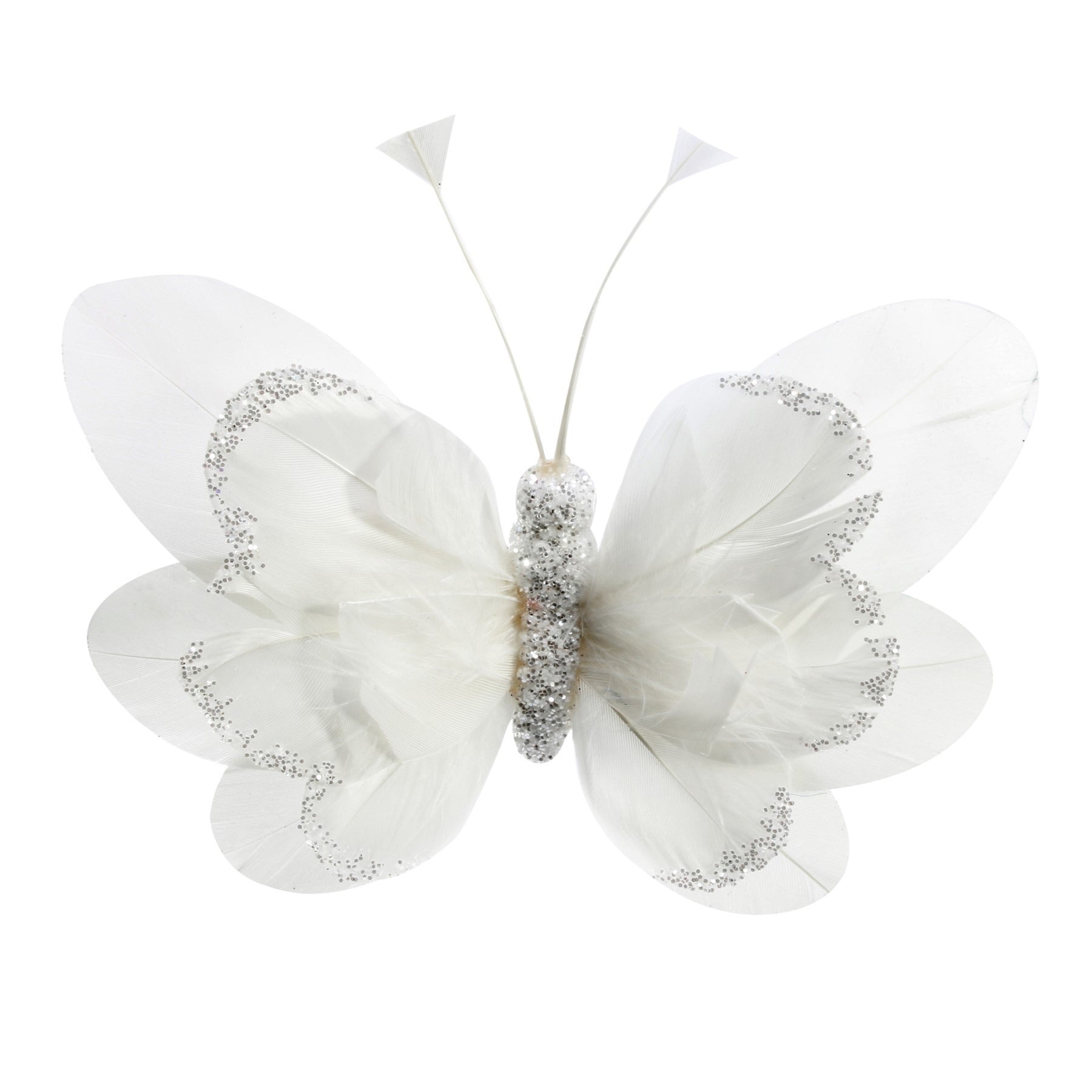 14cm White Feather &amp; Glitter Butterfly (Pack of 6)