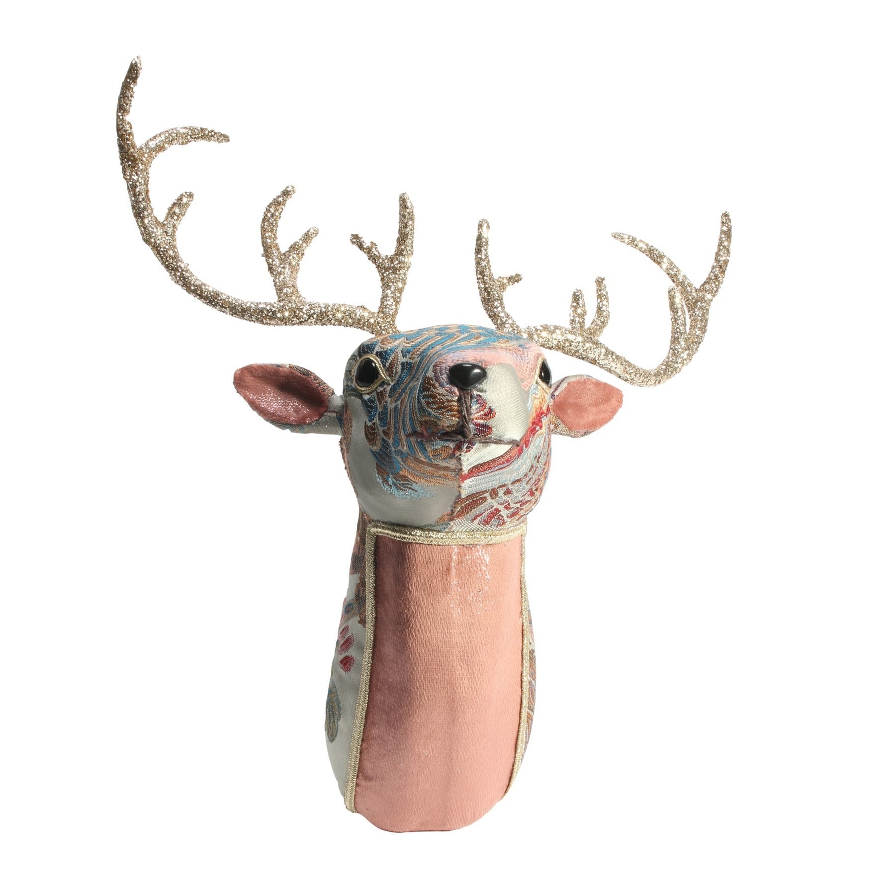 Sage Green & Pink Embroidered Deer Head (17.5cm)