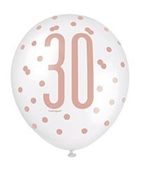 Assorted Rose Gold and White All Over Print 30th Latex Balloon