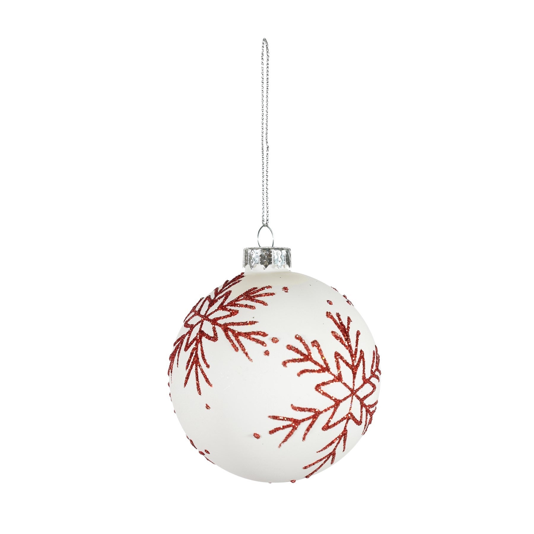 White Glass Bauble with Red Glitter Snowflake (Dia8cm)