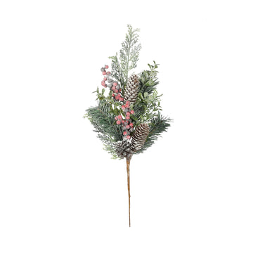 Frosted Christmas Foliage  Cone &  Red Berry Pick (H49cm)