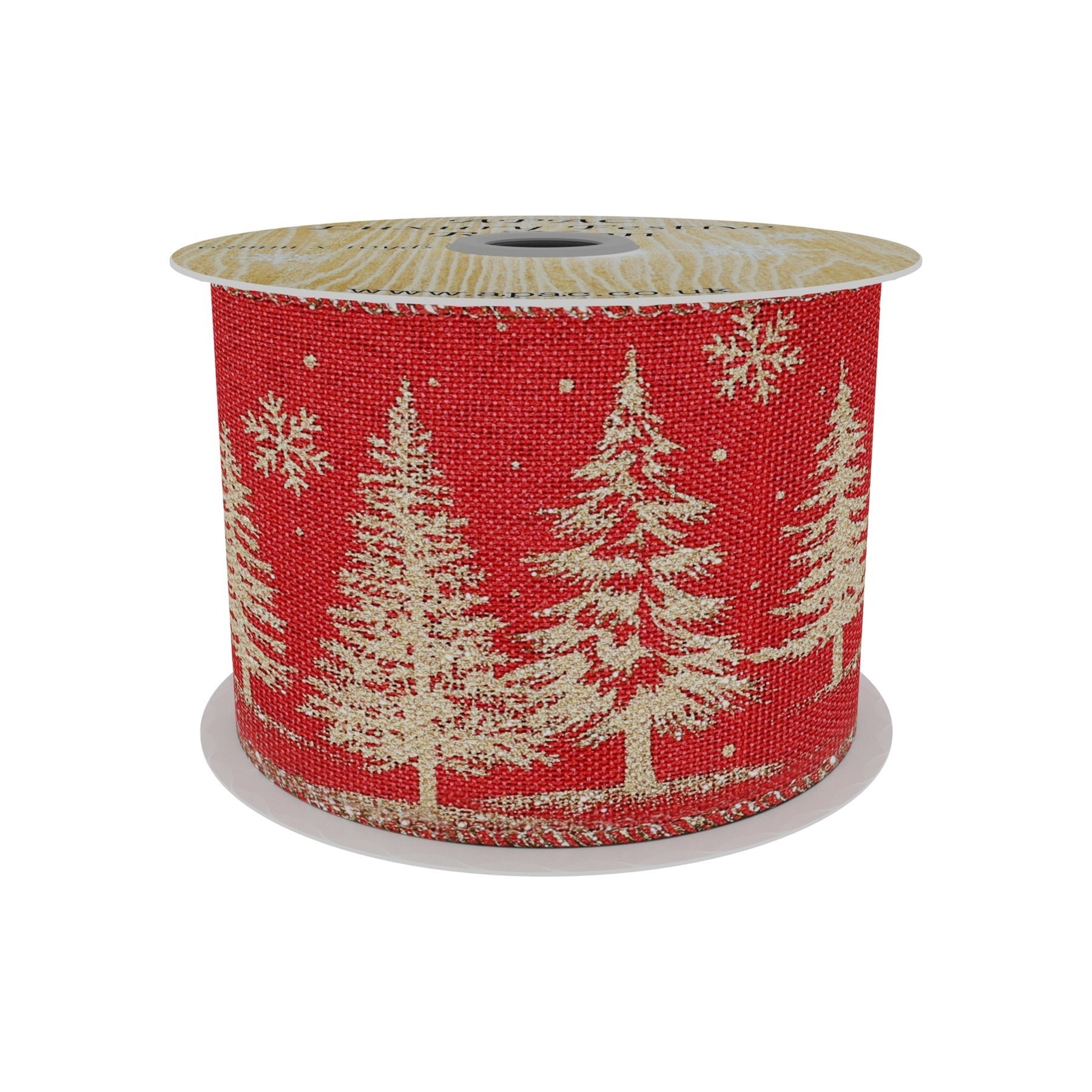 Red Mesh Ribbon with Gold Xmas Tree Print (63mm x 10yd)