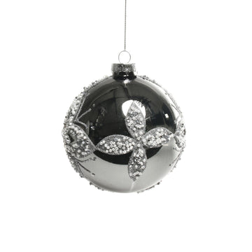 Glass Pewter Bauble with Flowers (10cm)