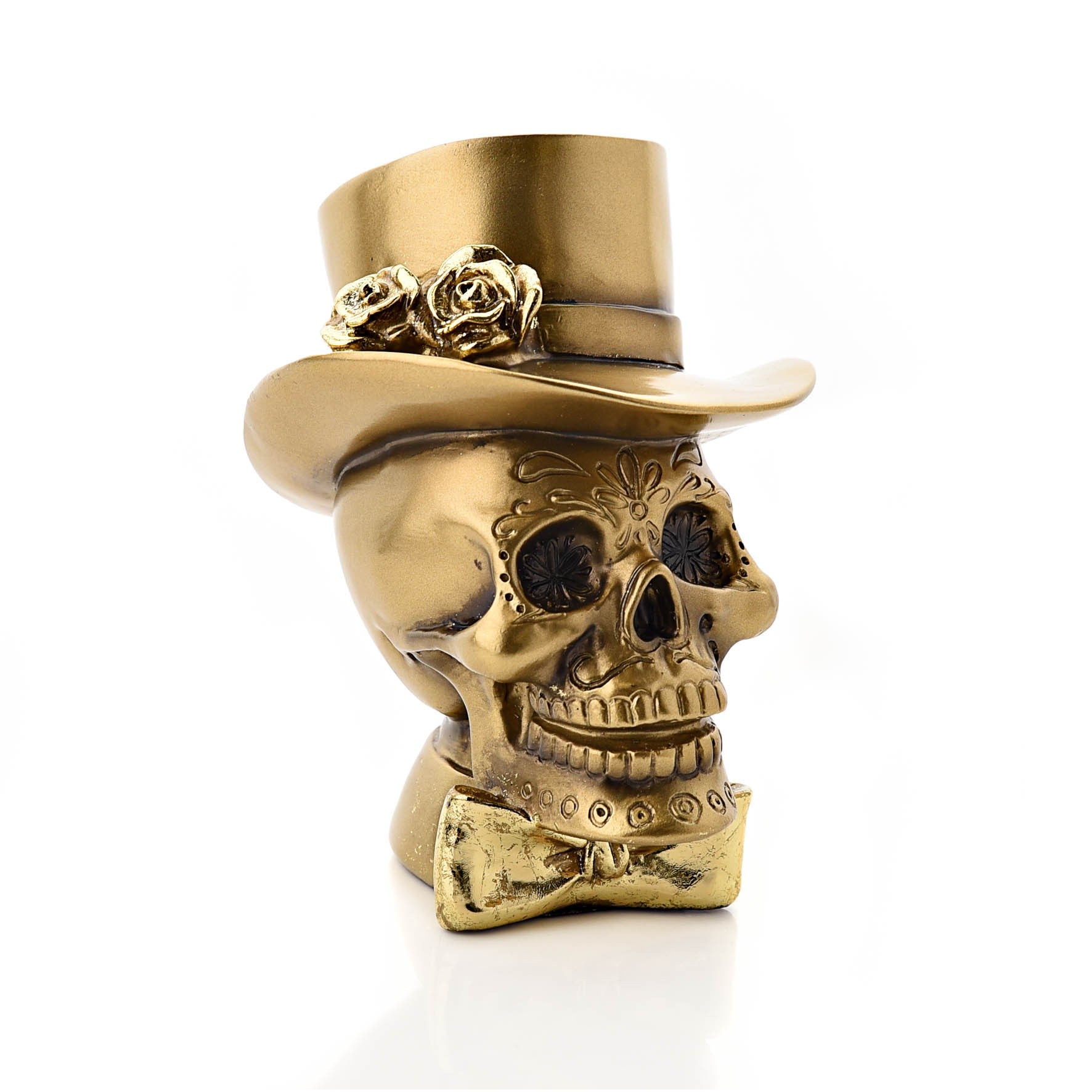 Gold Skull with Top Hat Resin Figurine