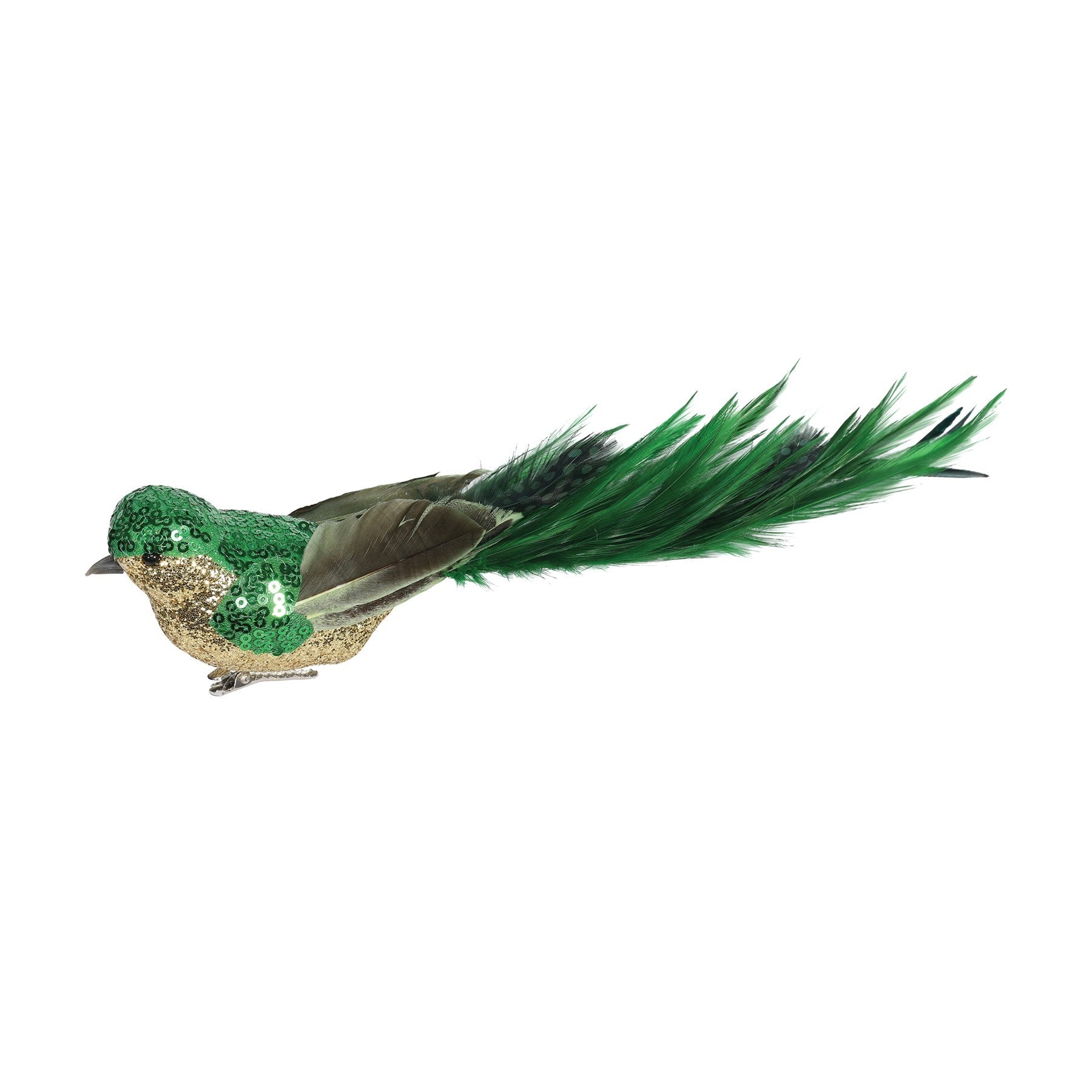 Green & Gold Sequin & Glitter Bird with Clip (29cm)