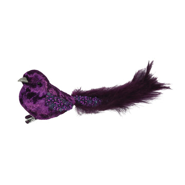 Purple Velvet Bird with Glitter and Clip (20cm)