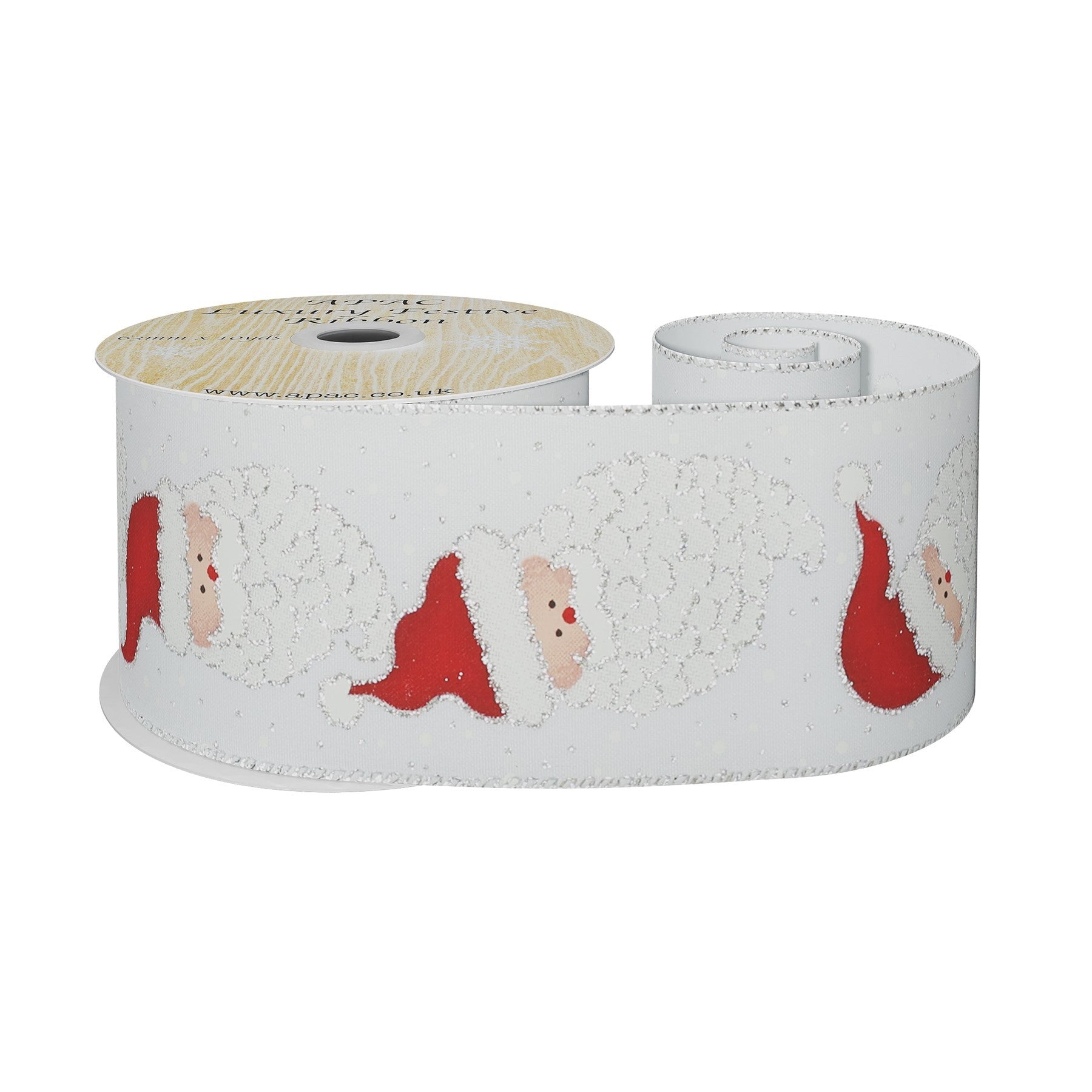 White Wired Ribbon with Santa Heads (63mm x 10 yards)