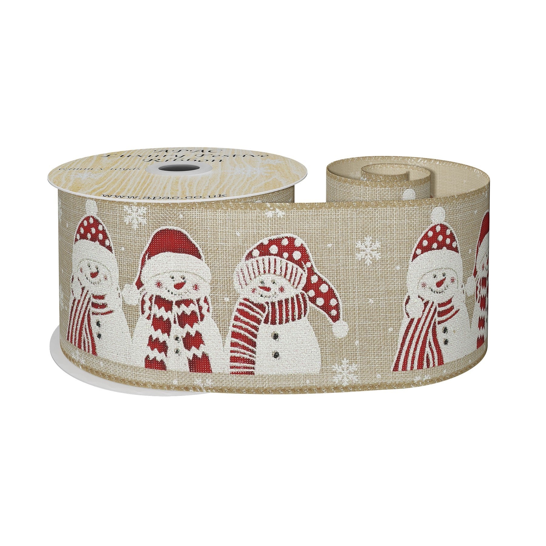Natural Wired Ribbon with Red Snowman (63mm x 10 yards)