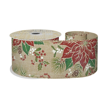 Natural Wired Ribbon with Red and White Poinsettia (63mm x 10 yards)