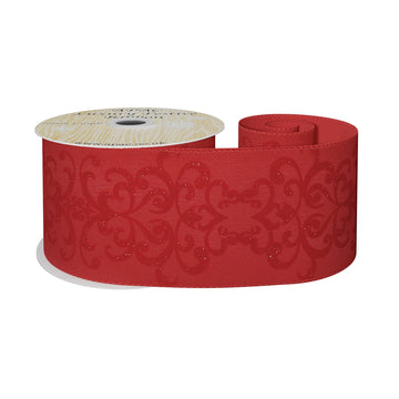 Red Wired Ribbon with Flocked Pattern (63mm x 10 yards)