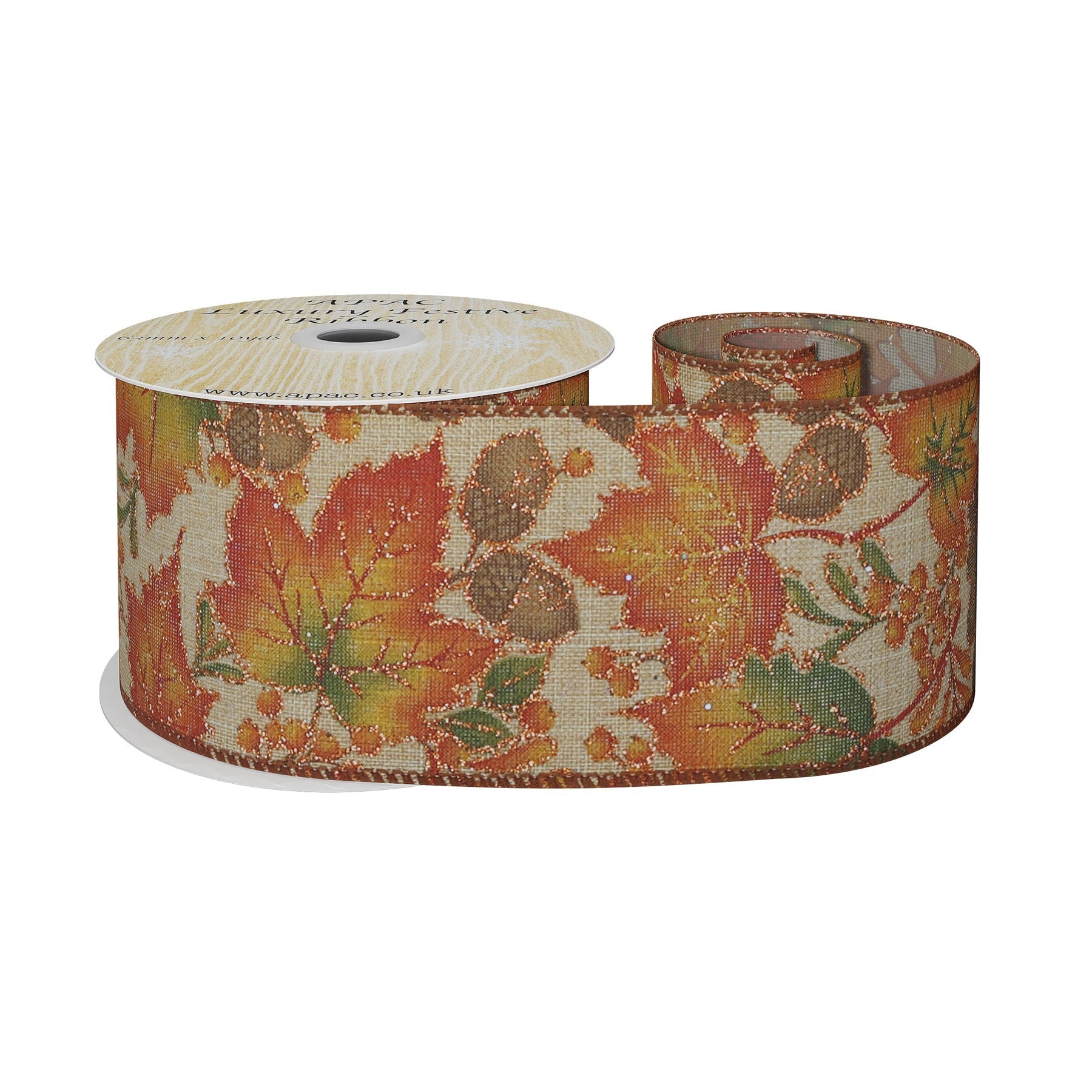 Natural Wired Ribbon with Autumn Leaves and Acorns (63mm x 10 yards)