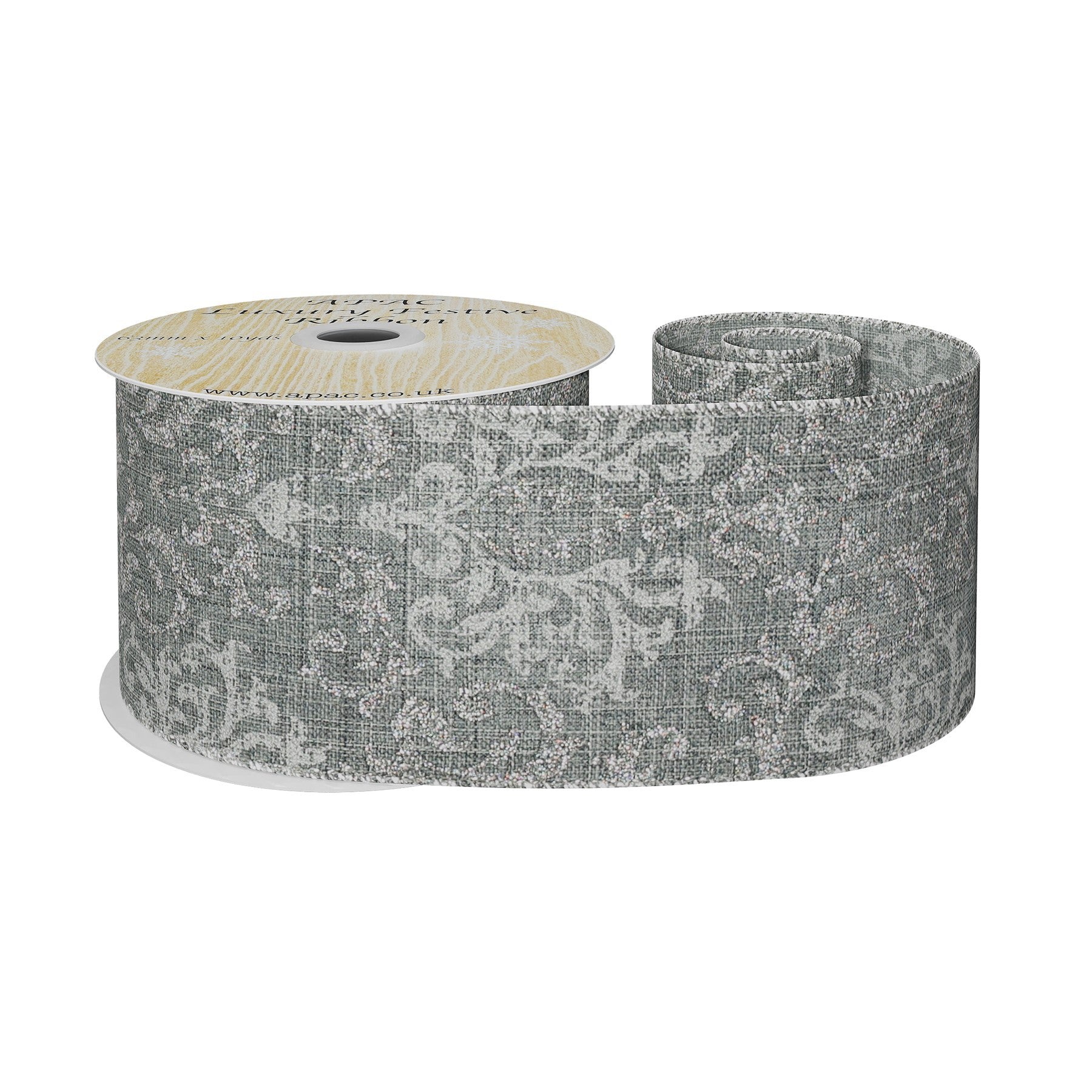 Grey with Silver Pattern Ribbon (63mm x 10yds)