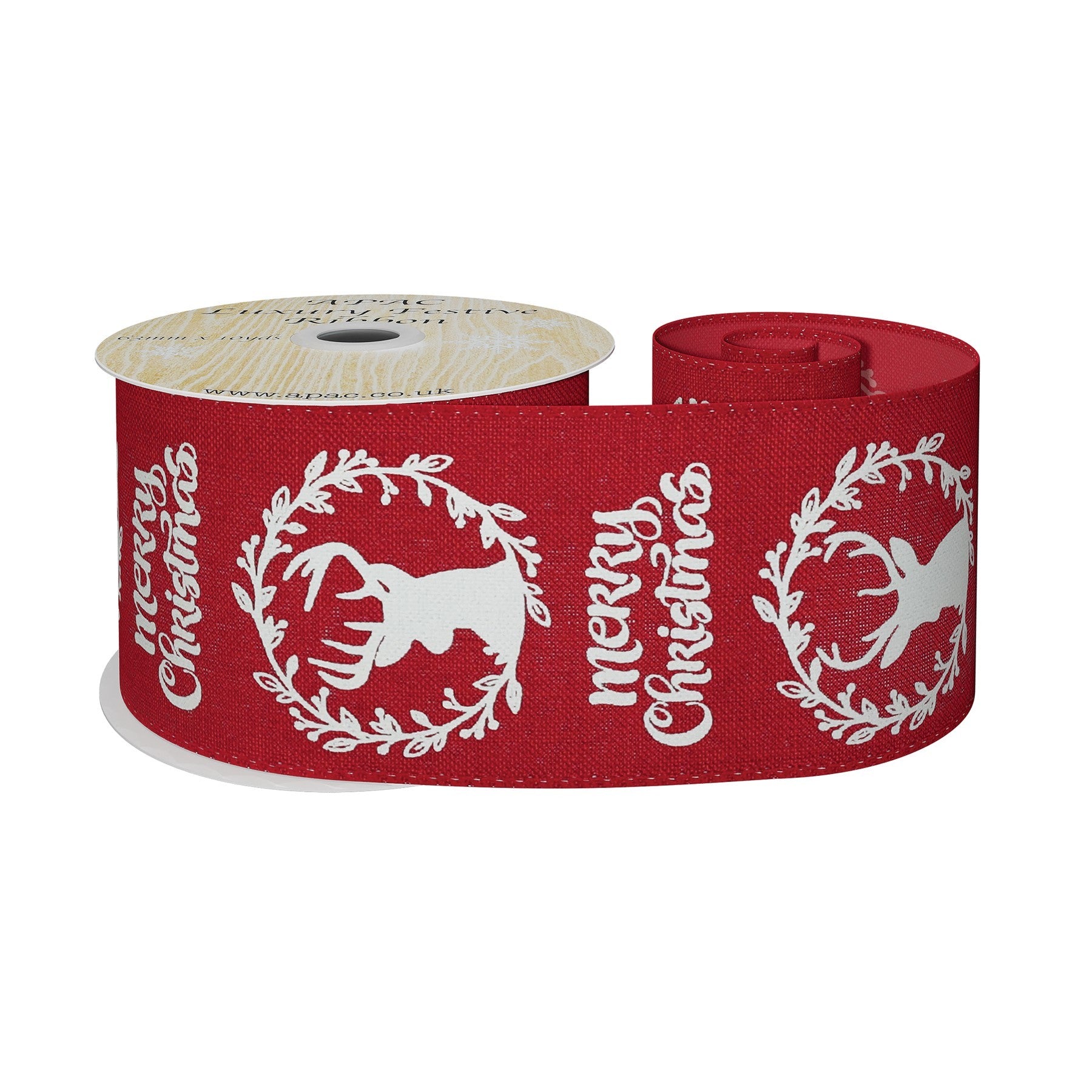 Red with White Wreath Merry Christmas Ribbon (63mm x 10yds)
