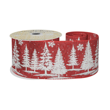 Red Mesh Ribbon with White Xmas Tree Print  (63mm x 10yd)