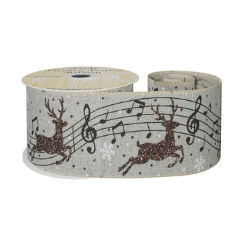 Natural Ribbon with Reindeer and Musical Notes (63mm x 10yd)