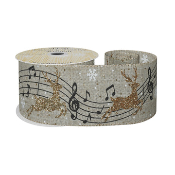 Natural Ribbon With Gold Reindeer and Musical Notes (63mm x 10yd)