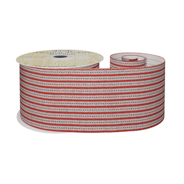 Red and Natural Striped Fabric Ribbon (63mm x 9m)