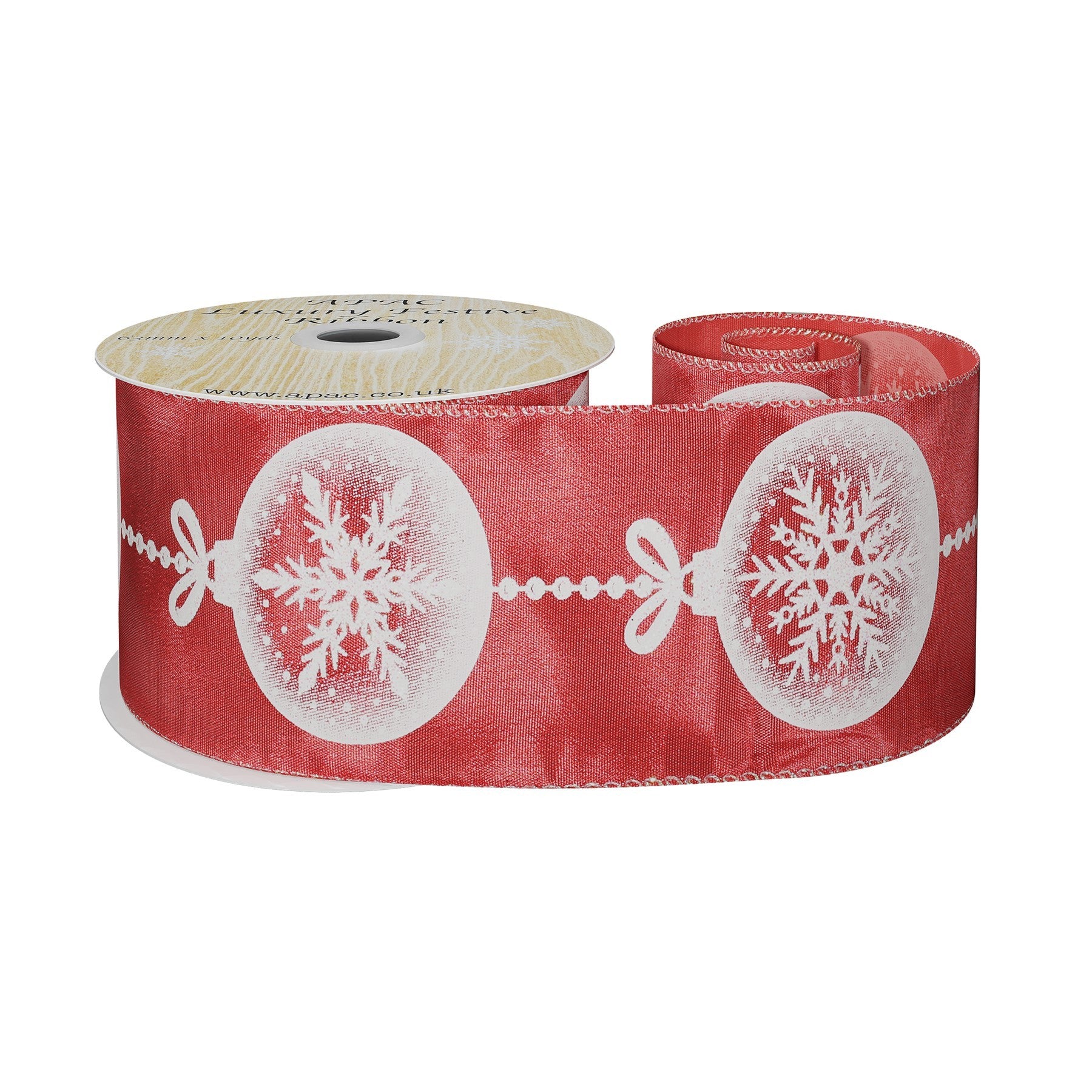 Red Satin Ribbon with Snowflake Bauble Print (63mm x 9m)