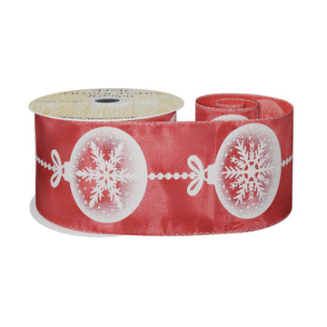 Red Satin Ribbon with Snowflake Bauble Print (63mm x 9m)