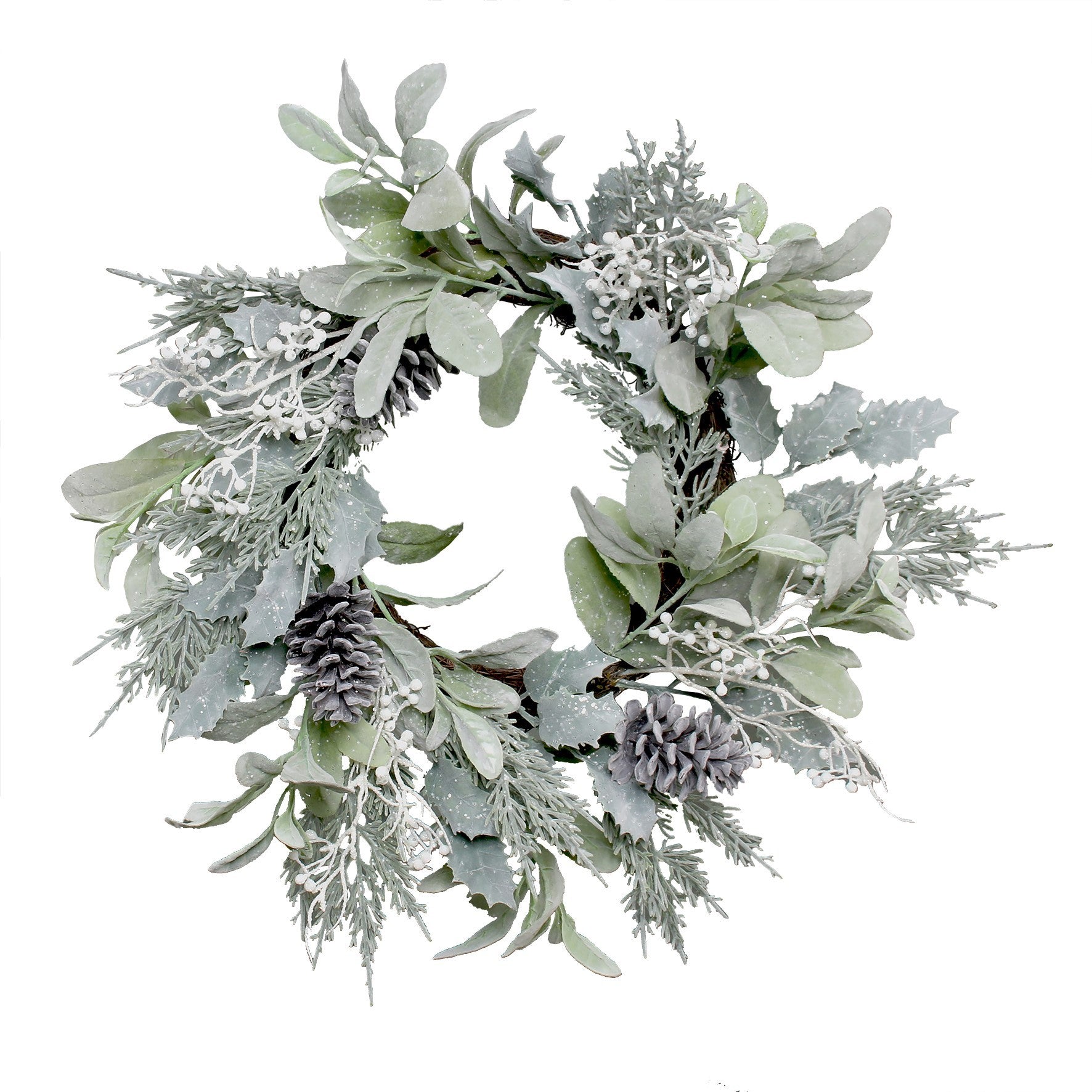 Lambs Ear  Holly Pine Cone & White Berry Flocked Wreath (60cm)