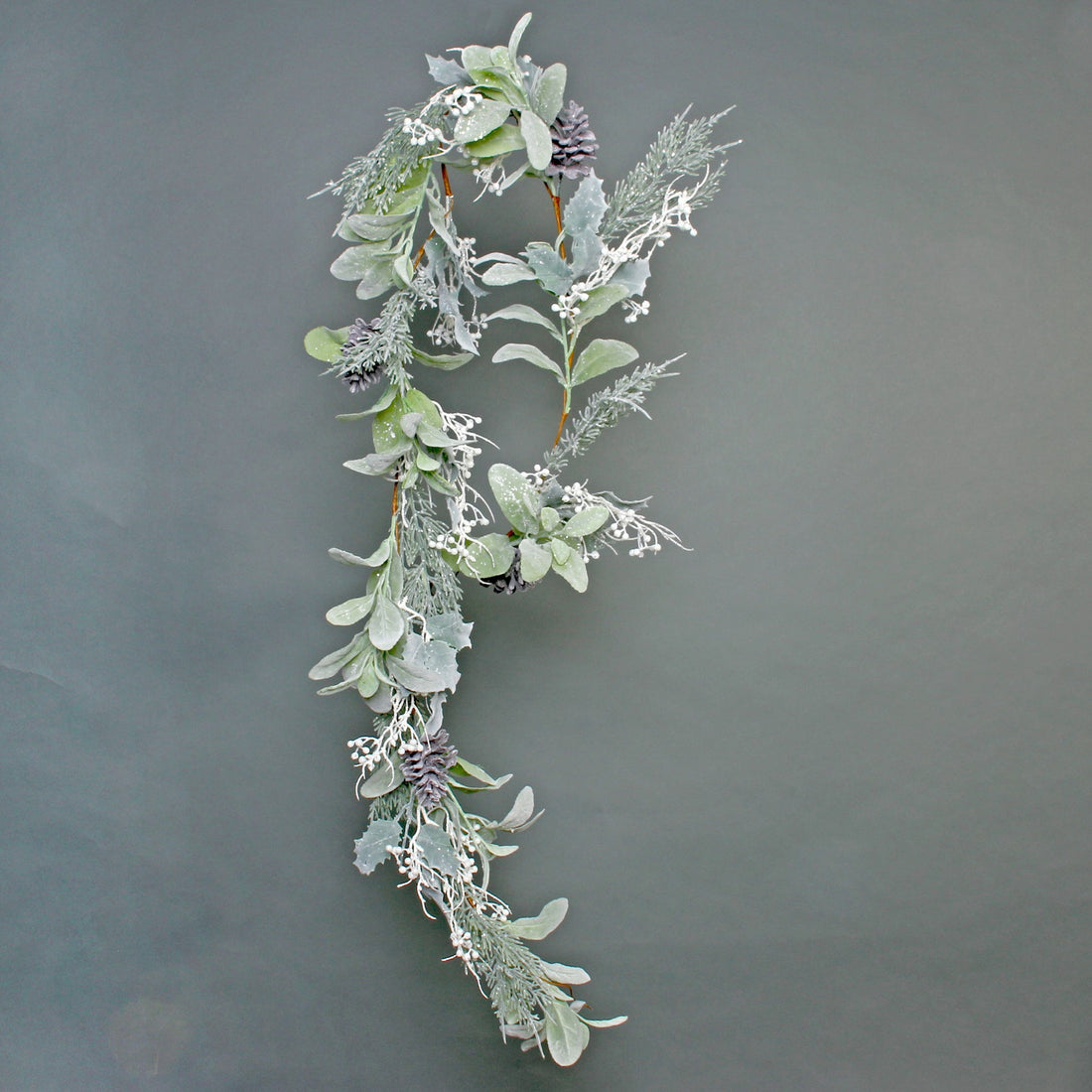 Lambs Ear, Holly, Pine Cone & White Berry Flocked Garland (180cm)