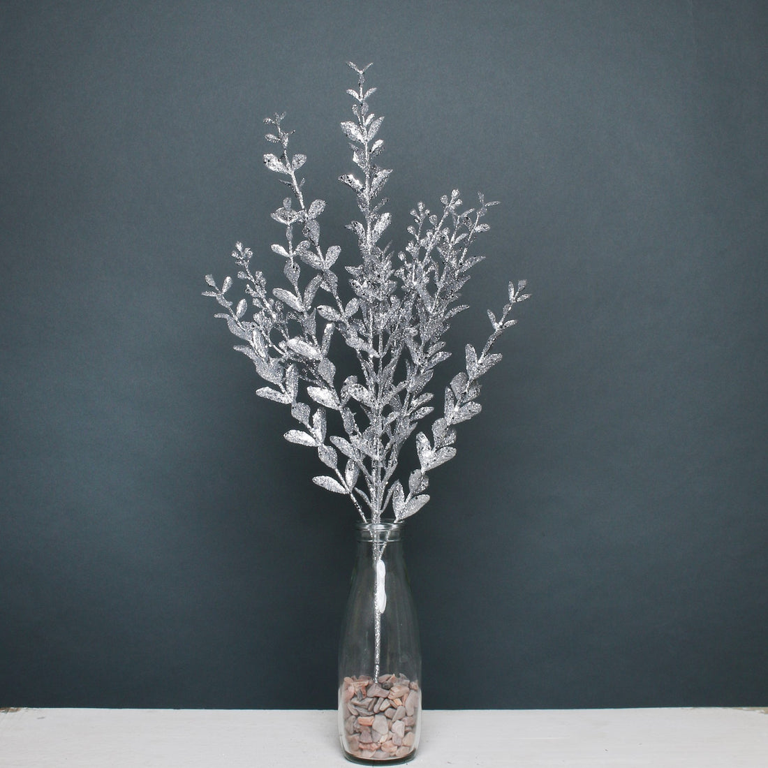 Silver Glitter Boxwood Spray