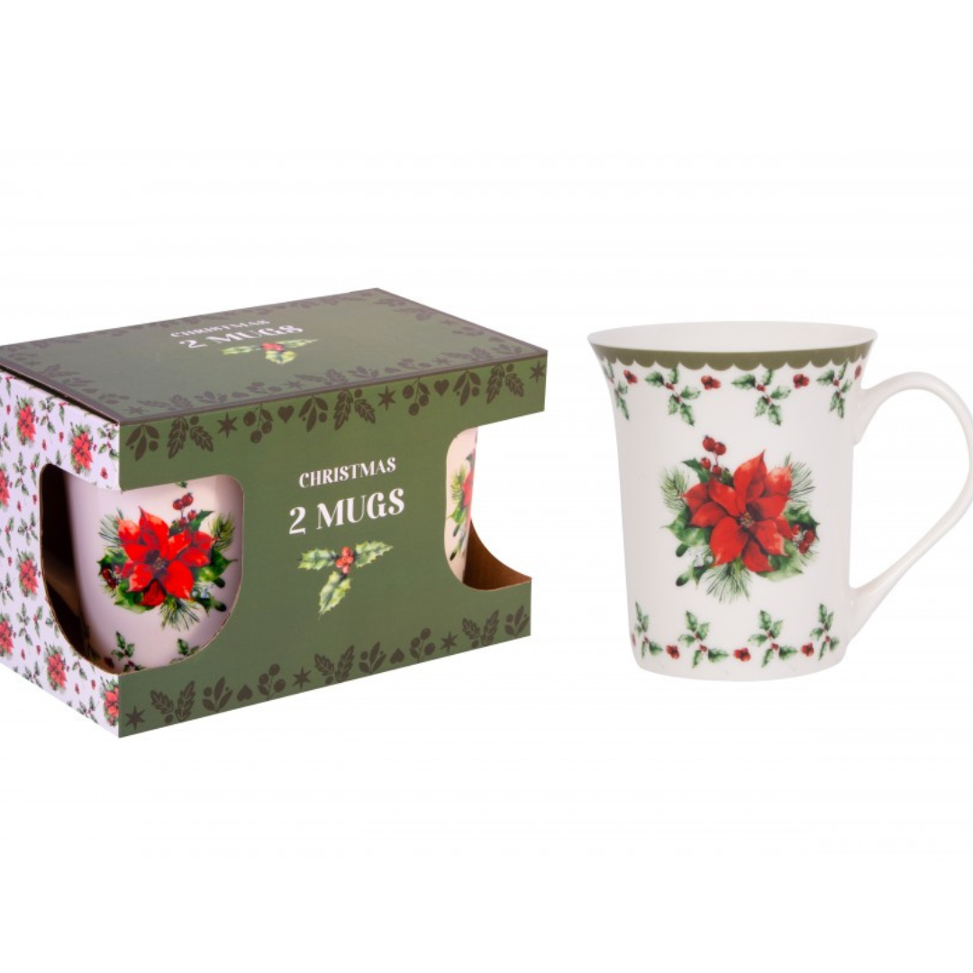 Christmas Holly China Mugs (Set of 2)