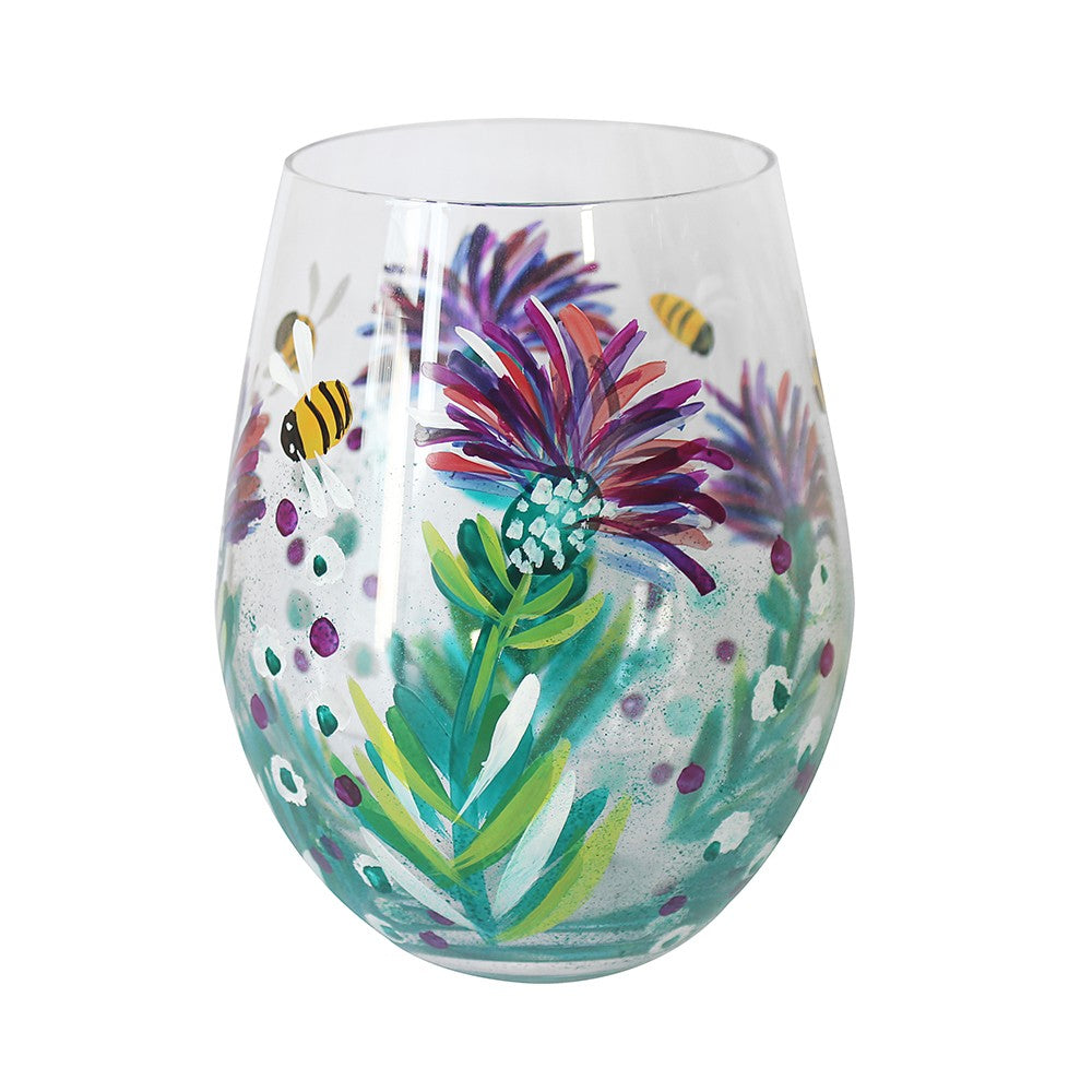 Thistles &amp; Bees Stemless Hand Painted Glass