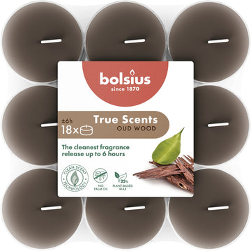 Bolsius True Scents Clear Cup Tealights- Oud Wood (18 Pack)