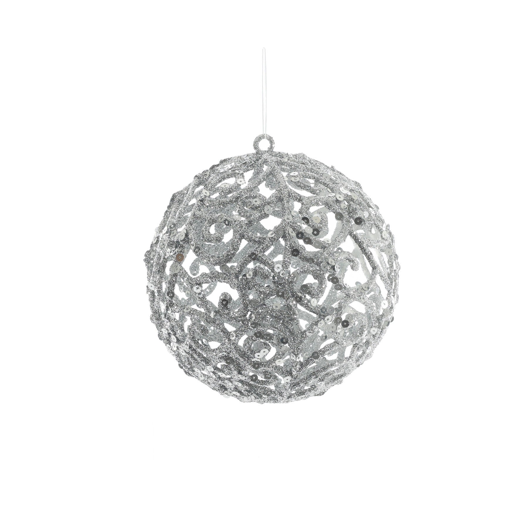 Filigree Glitter Ball Hanging Decoration - Silver (13cm)