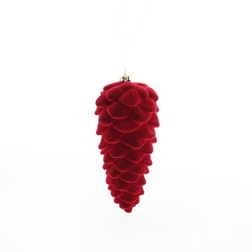 Flocked Closed Pinecone Hanging Decoration - Burgundy (13cm)