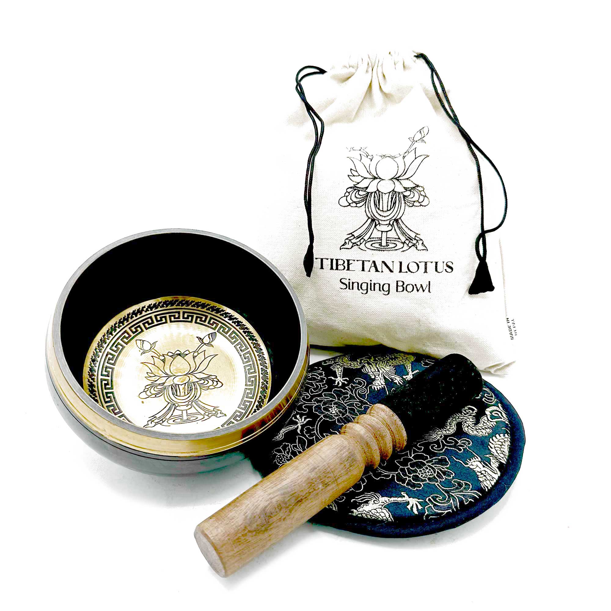 Hand Beaten & Engraved Singing Bowl Gift Set - 14cm - Lotus F10er