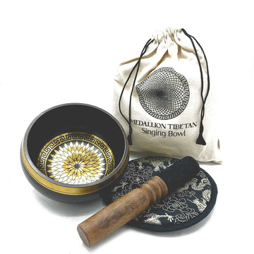 Hand Beaten & Engraved Singing Bowl Gift Set - 14cm - Round Medallions